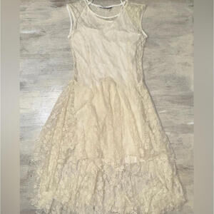 EUC Vintage 90s Y2K Cream Lace Asymmetrical Hem Dress Size Small